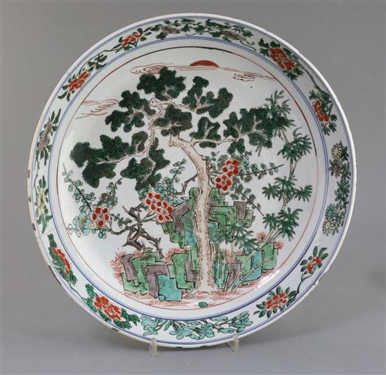 A Chinese famille verte dish, Kangxi period, D. 36cm, cracked